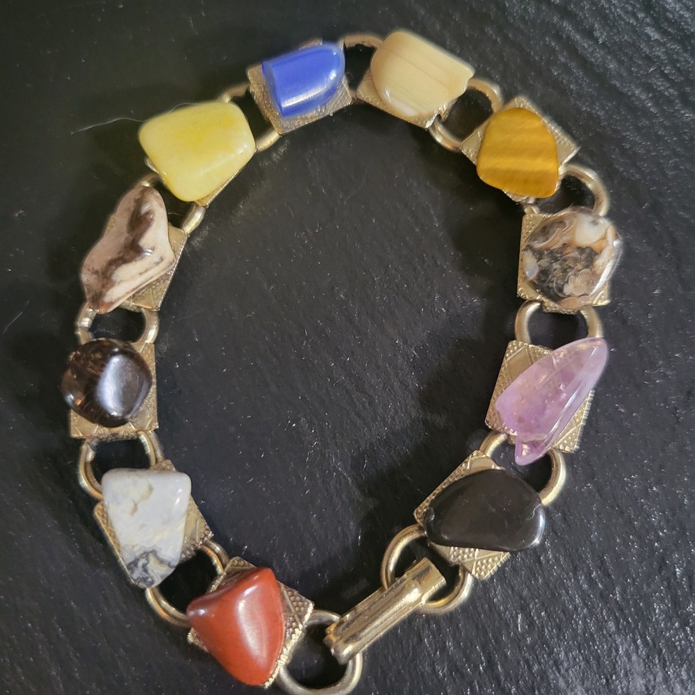 Vintage Multi Stone Gold Tone Link Bracelet Size 7 Boho 50s/60s
